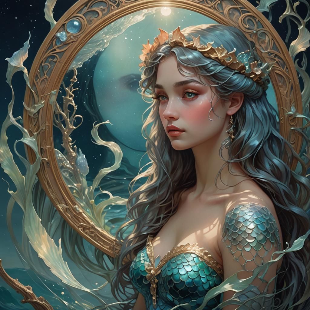 Mermaid Gazing at Moonlit Reflection, in Art Nouveau Style
