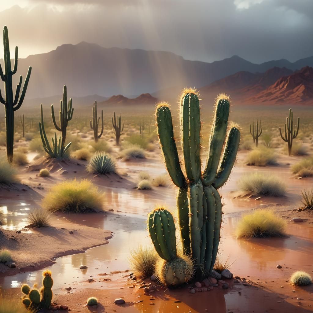Cactus in Desert Rainstorm: Expressive Watercolor
