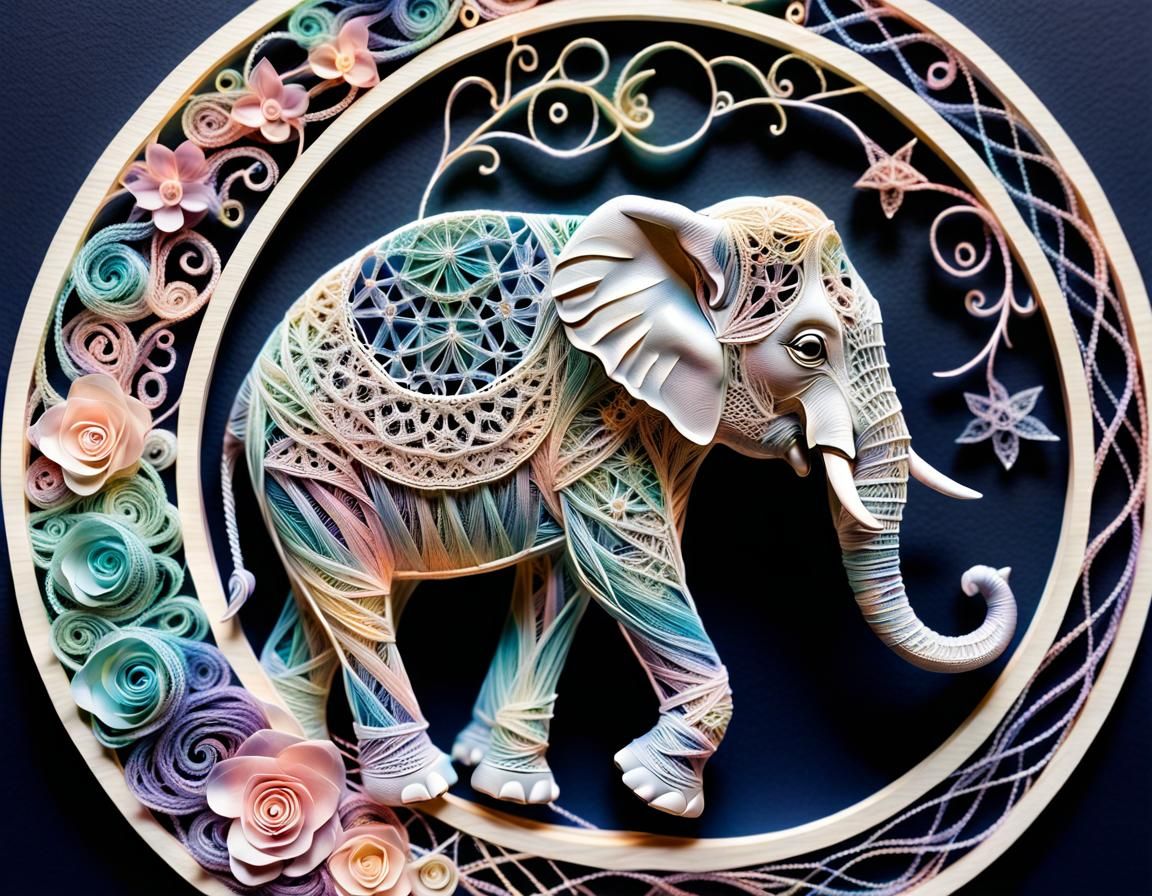 Delicate String Art: Baby Elephant in Crescent Moon