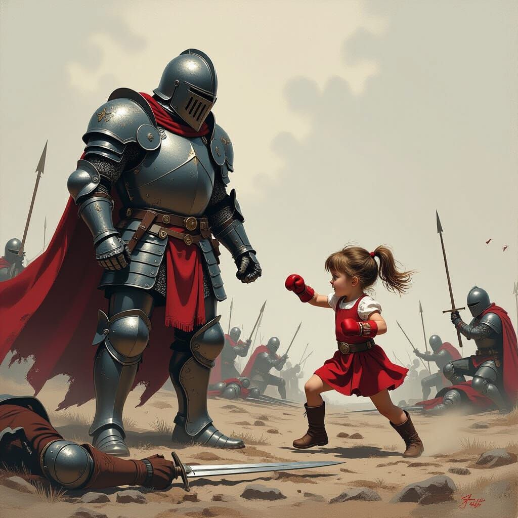 Knight Faces Charging Girl on Frazetta-Inspired Battlefield