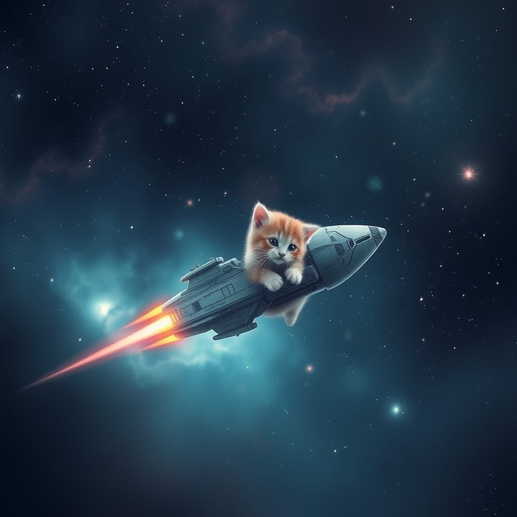 Kittens Aboard a Spaceship in a Cosmic Nebula