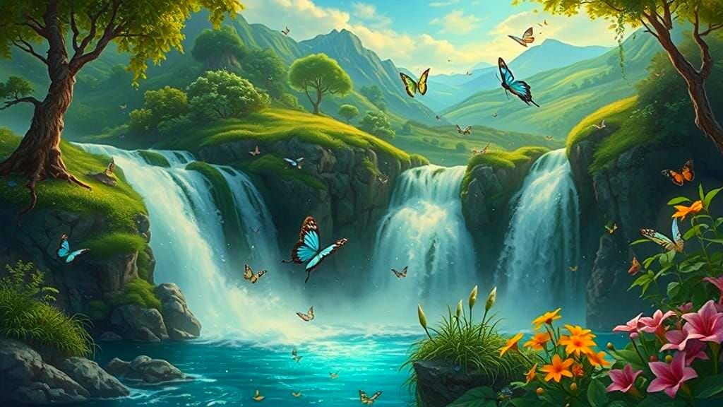 Fairytale Paradise Waterfall with Butterflies and Panorama