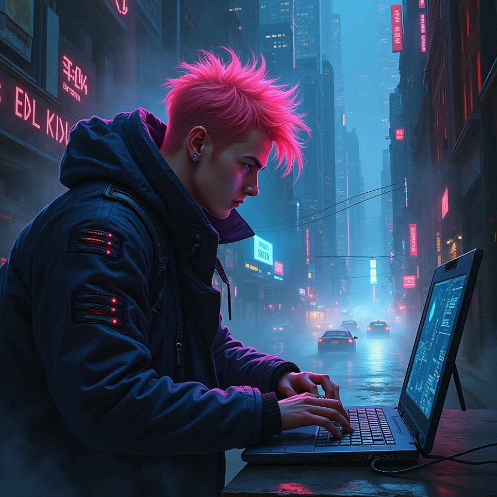 Gritty Cyberpunk Hacker in Neon-Lit Alleyway