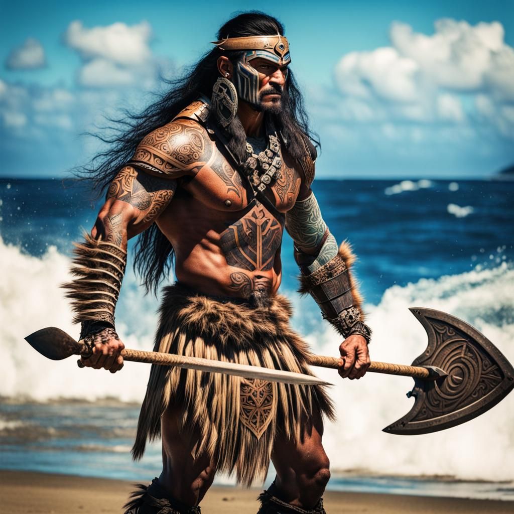 Polynesian Warrior with Bone Armor and Spear