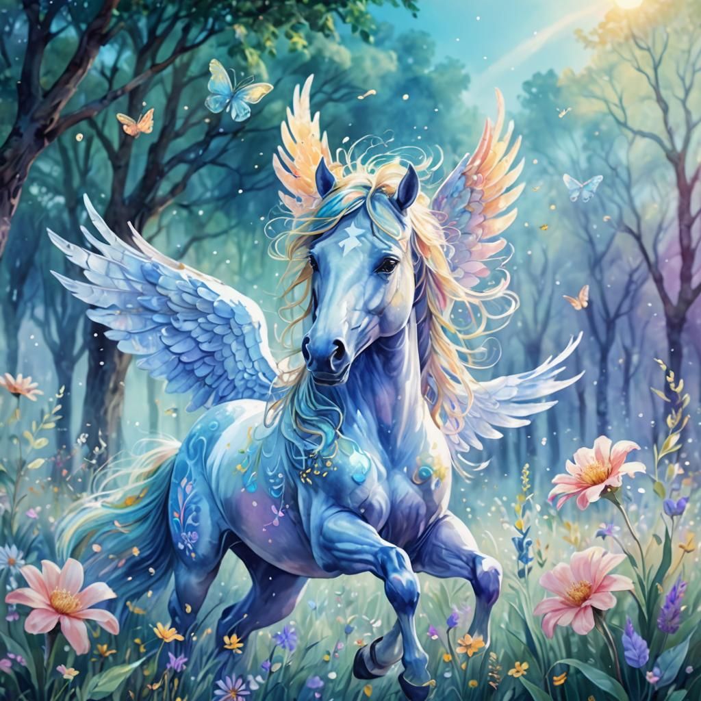 Whimsical Winged Horse in Watercolor Meadow