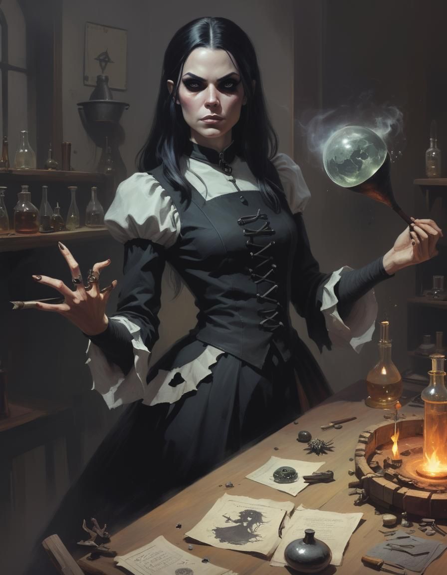 Sinister Young Witch in Laboratory