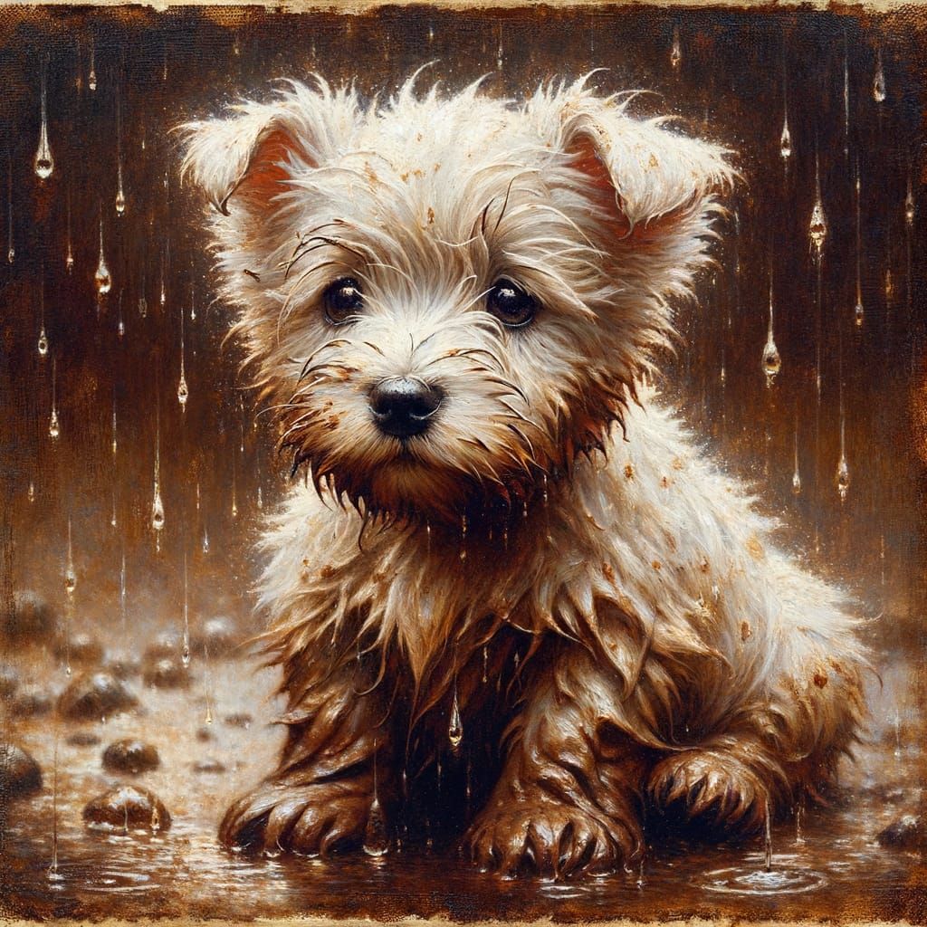 Sad Westie Puppy in Rain, Aged Oil Painting