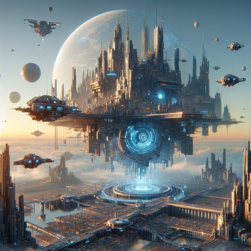 A flying technological city in the sky