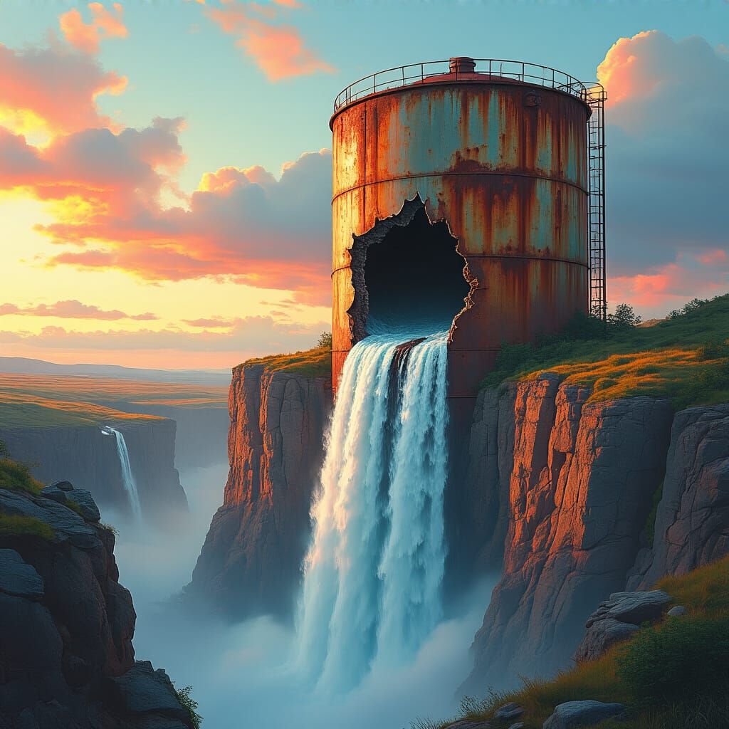 Hyperrealistic Waterfall from Rusty Water Tank