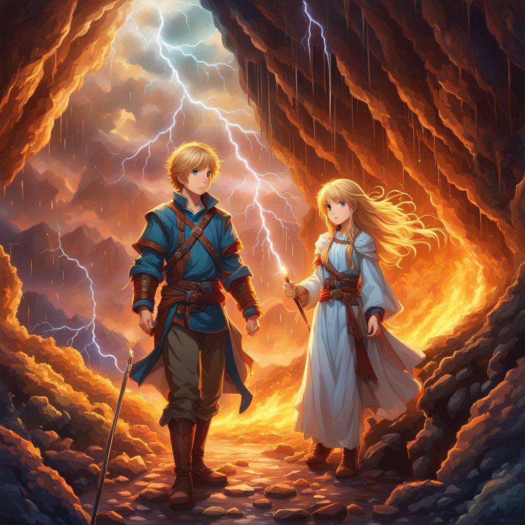 Two Wizards Weather a Magical Storm in Anime Style