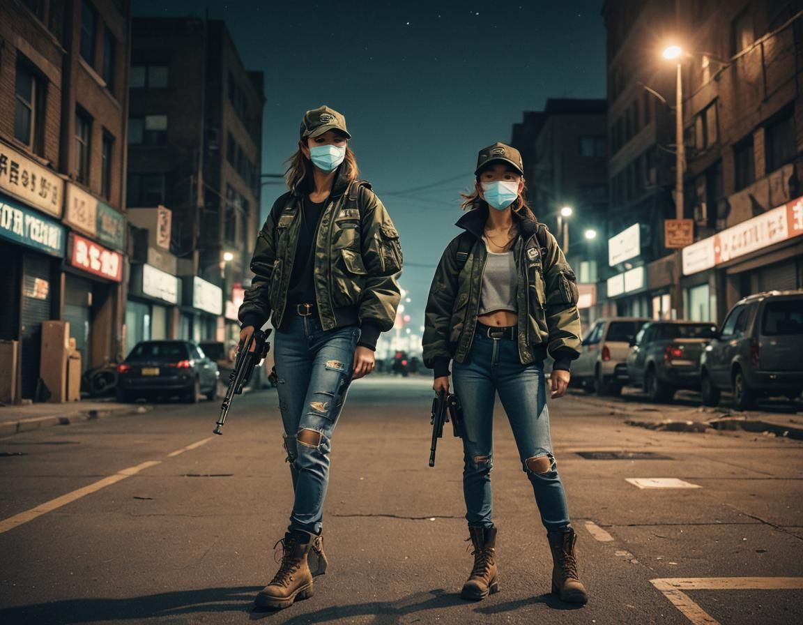 Post-Apocalyptic Woman with Rifle in Ruined City