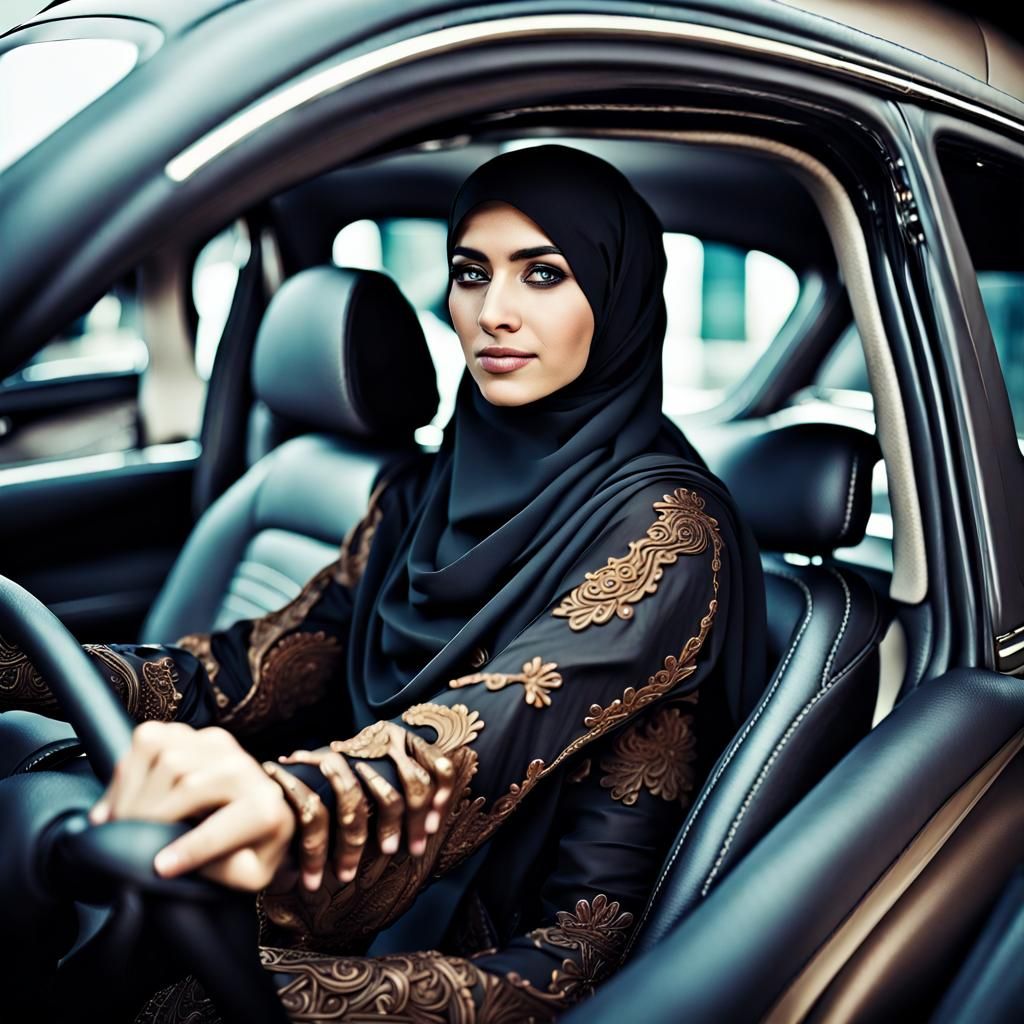 Empowered Arabic Woman Driving in Ornate Hijab