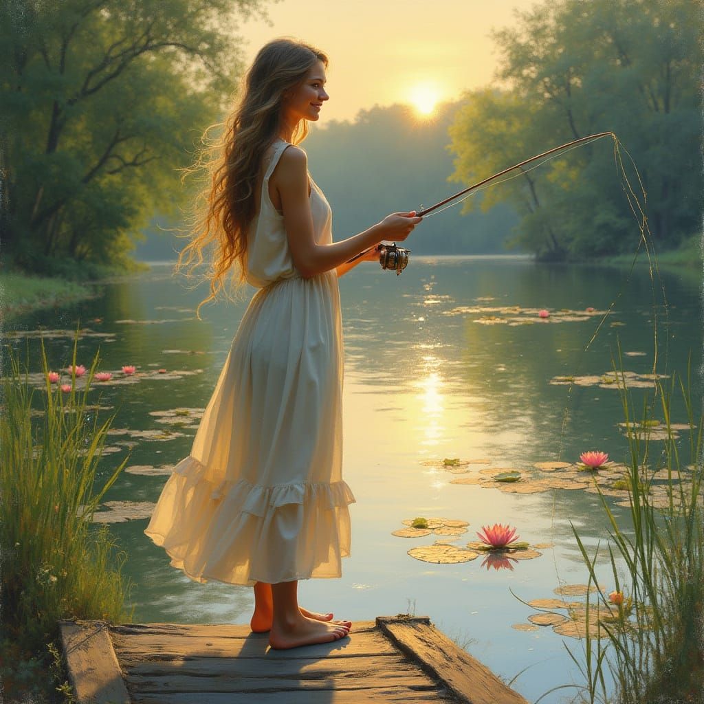 Impressionistic Woman Fishing at Sunset on Lake