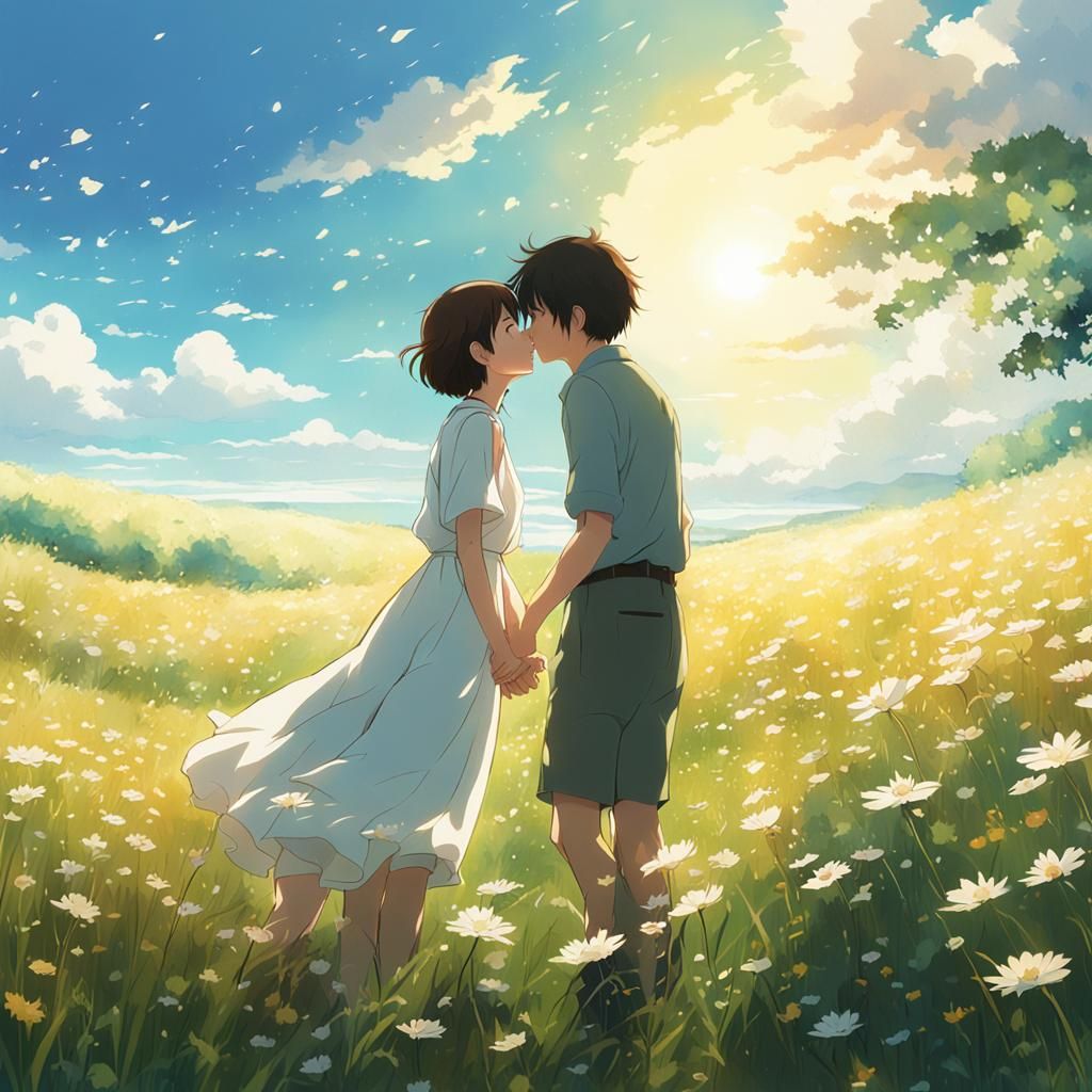 Romantic Kiss in Meadow: Studio Ghibli Anime Style
