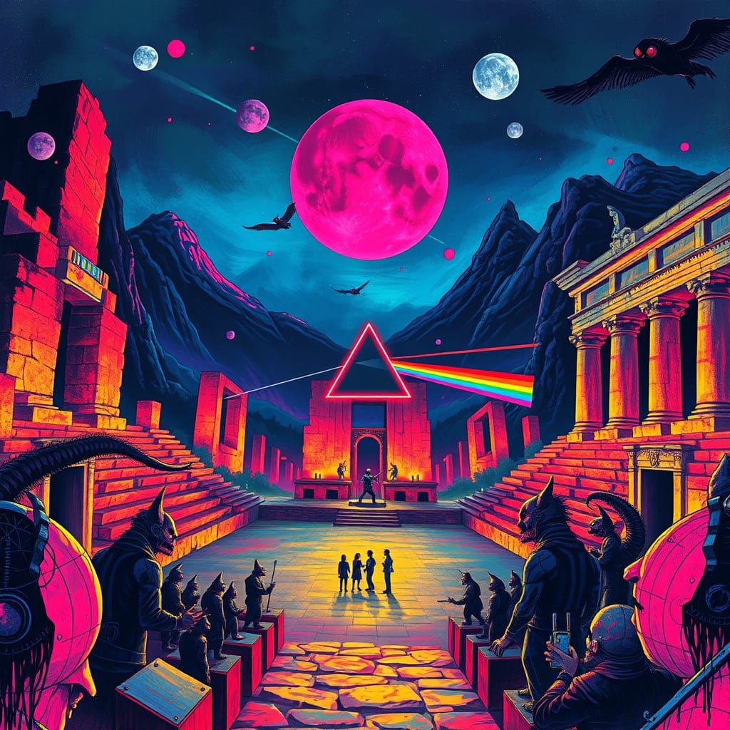 Surreal Rock Concert in Ancient Pompeii with Neon-Lit Hieron...