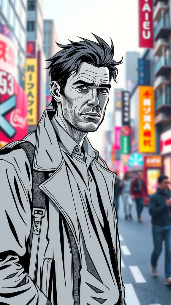 Expressive Gray-Toned Portrait in Urban Setting