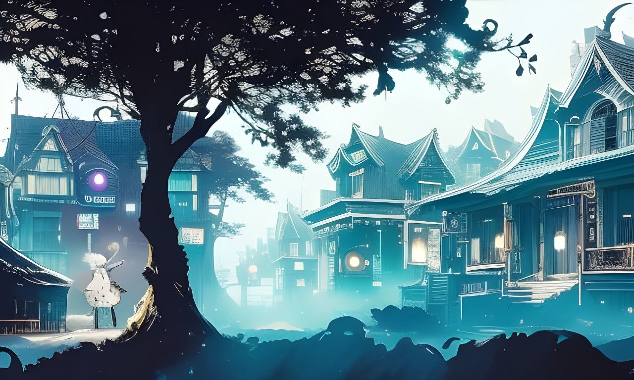 White Rabbit in Mysterious Town: Detailed Digital Art