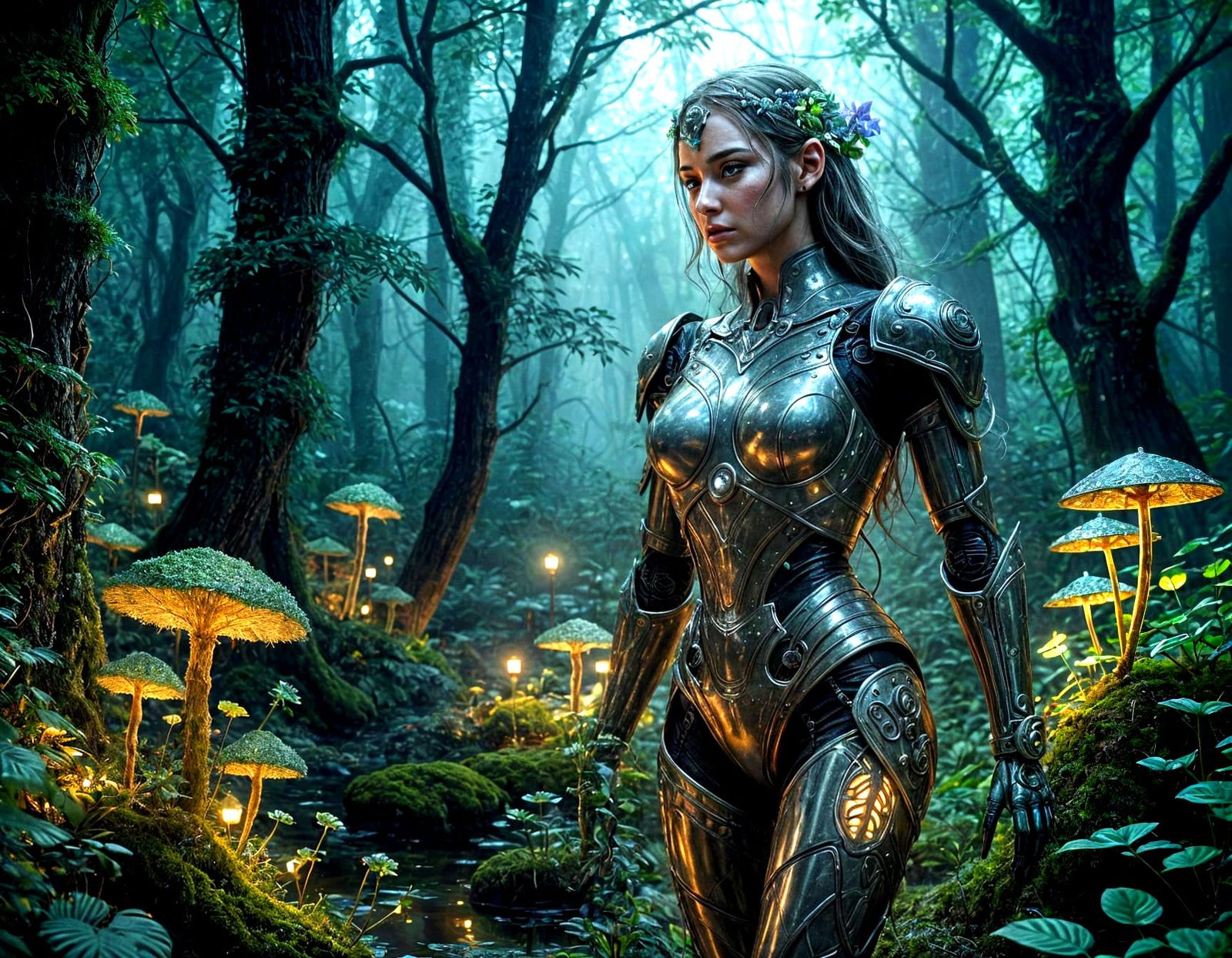 Moss-Covered Robot in Magical Forest: Fantasy Art