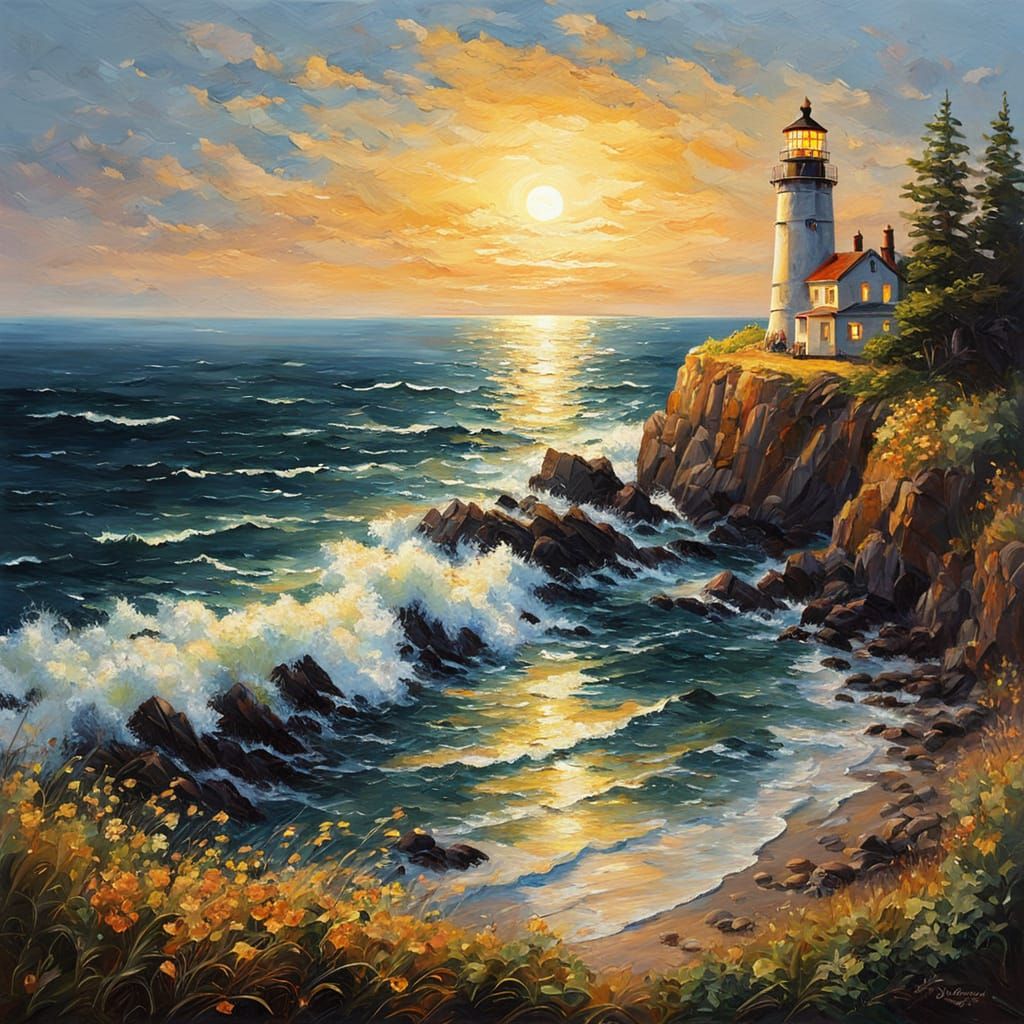 Lighthouse on Cliff in Oil Painting Style