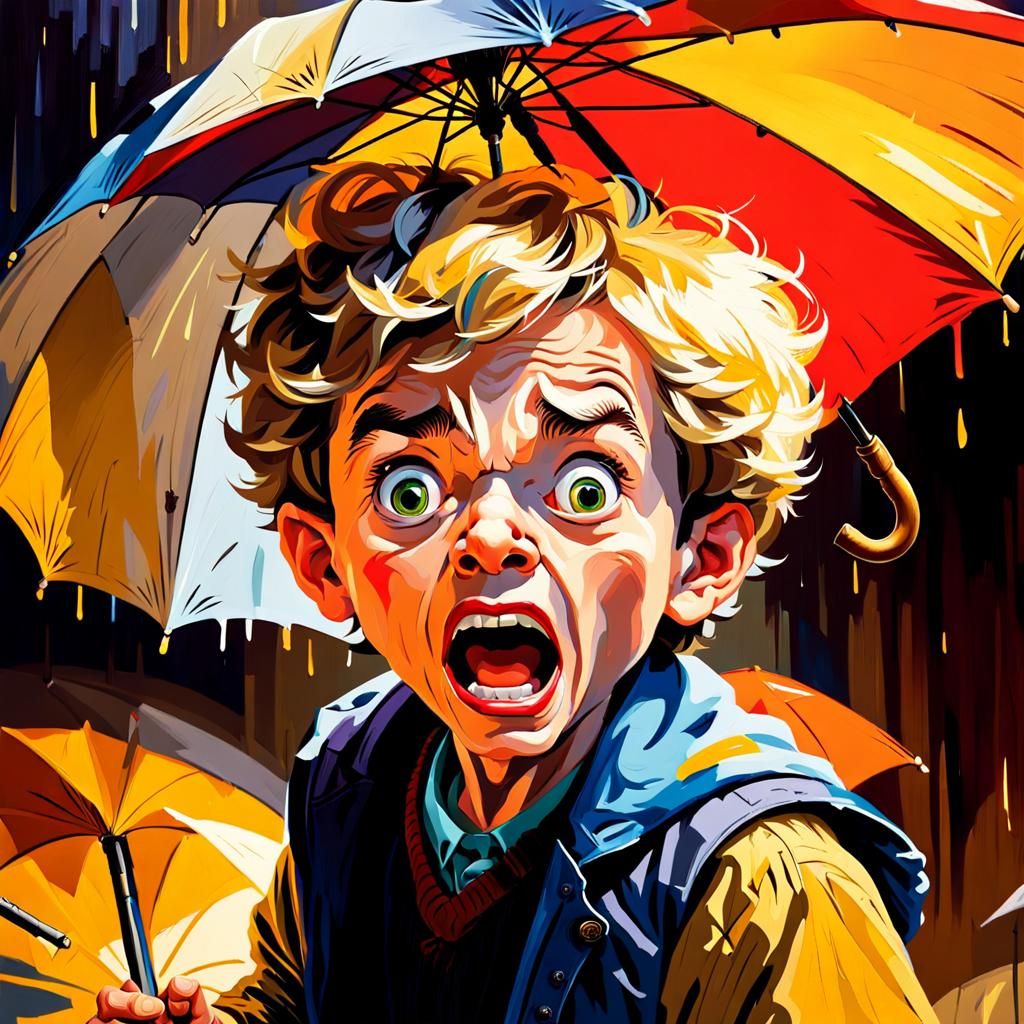 Comedic Oil Painting of Boy's Umbrella Prank