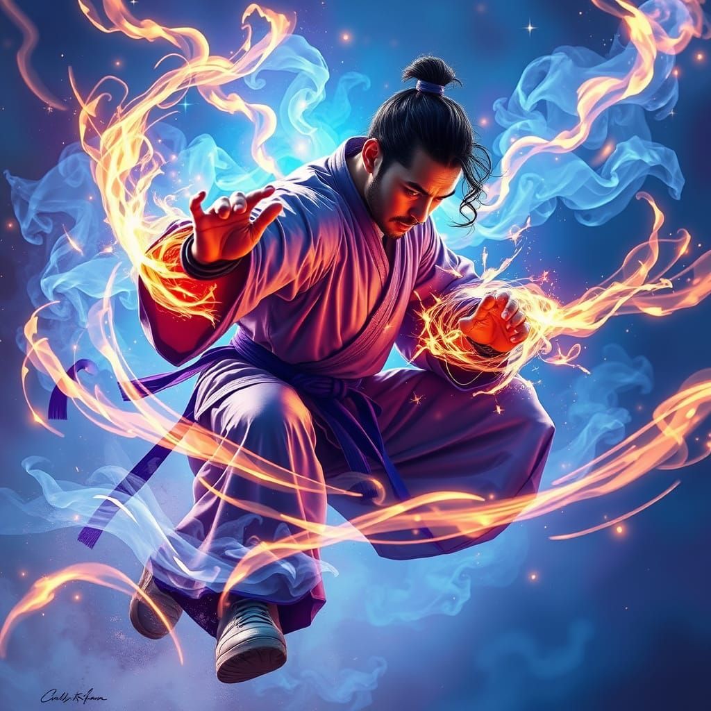 Martial Artist Channels Ethereal Magic in Fantasy Digital Pa...