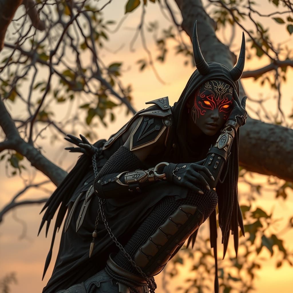 Goth Tribal Huntress in Sunset Scene, 3D Anime Art