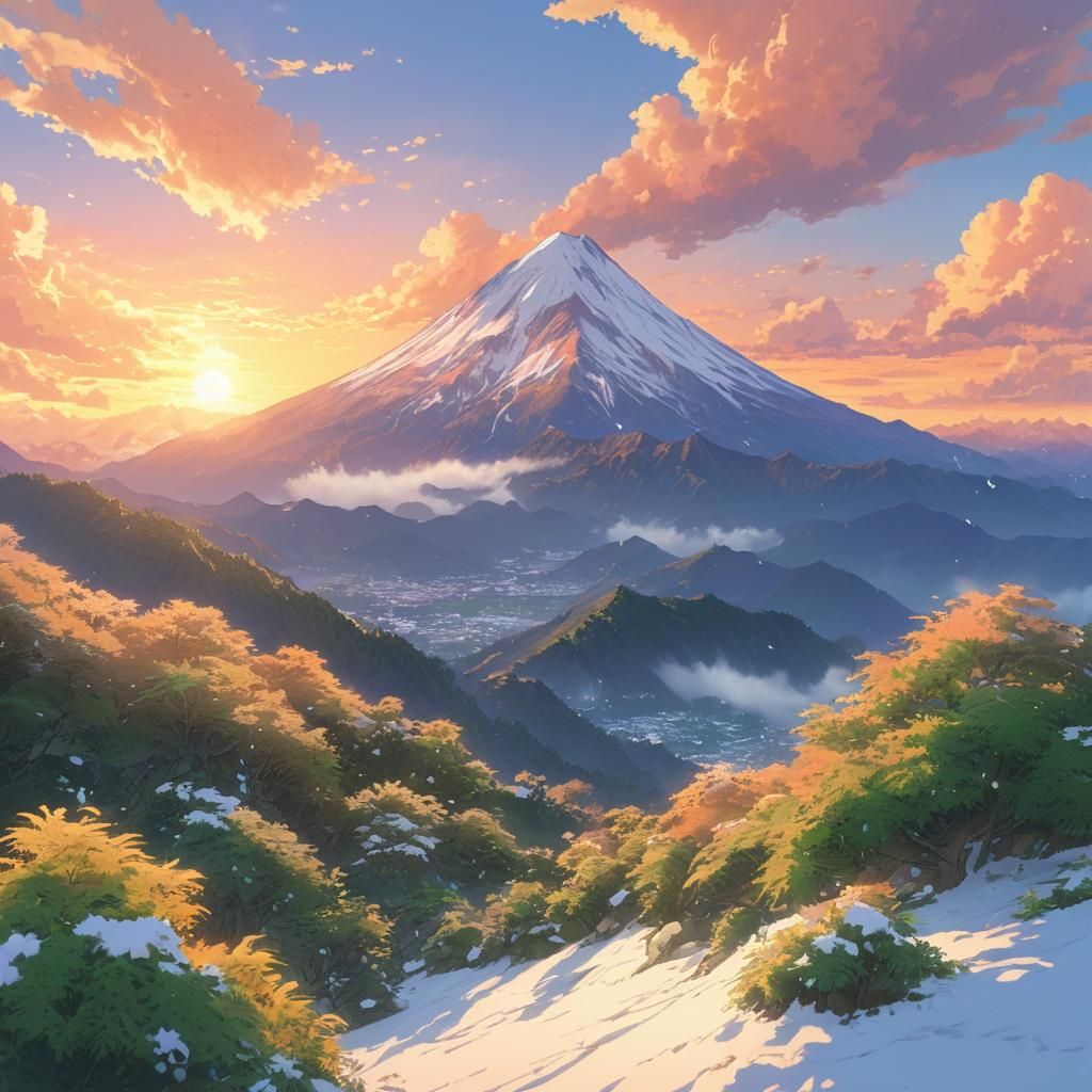 Majestic Mountain Sunset in Realistic Anime Style