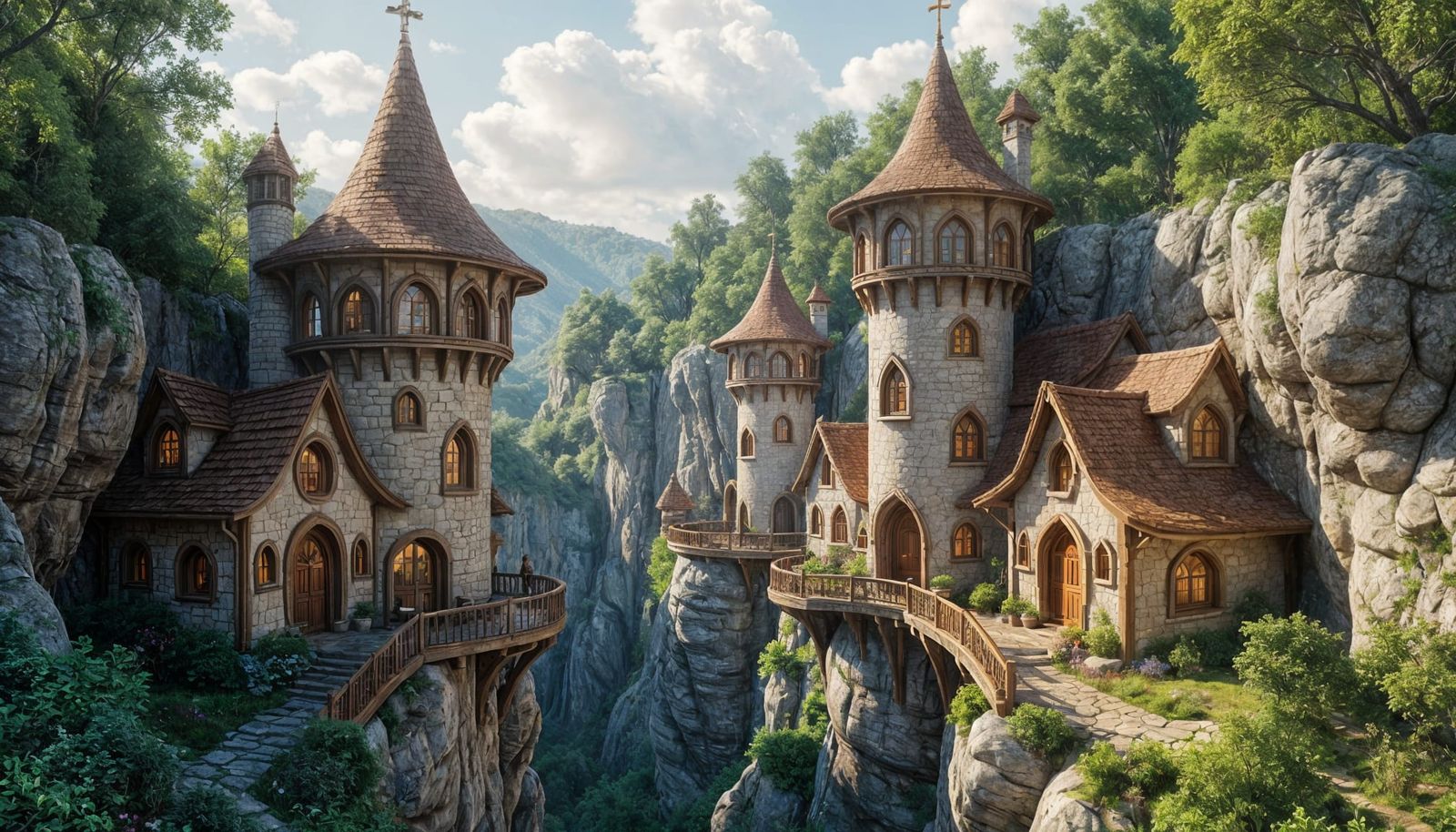Whimsical Elven Cottages Against Gorge Cliffs