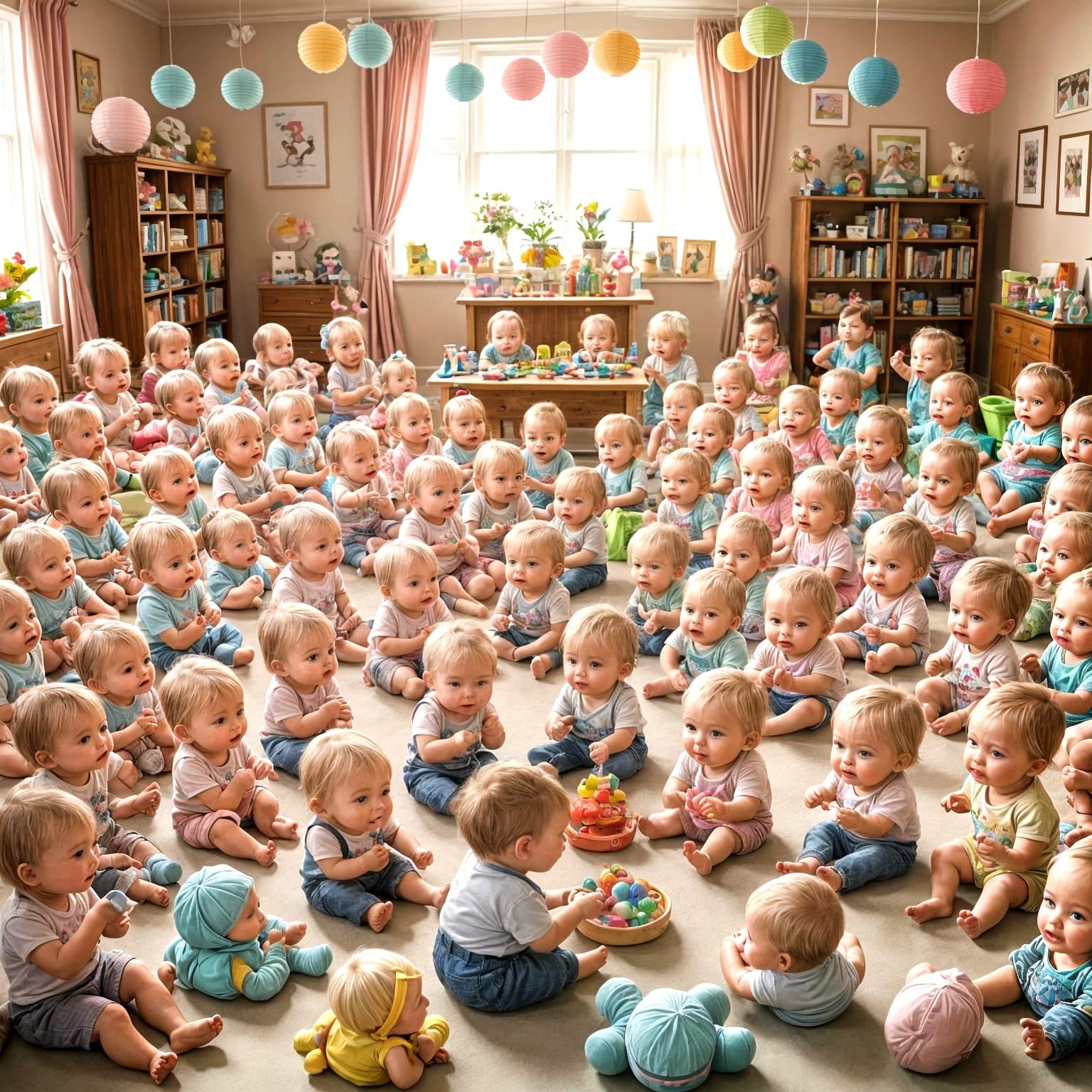 Whimsical Chibi Babies Play in a Toddler Group