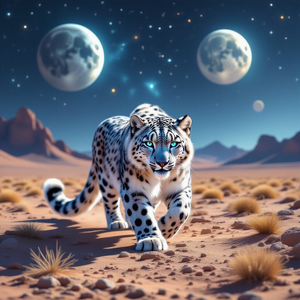 Cosmic Snow Leopard in Alien Desert