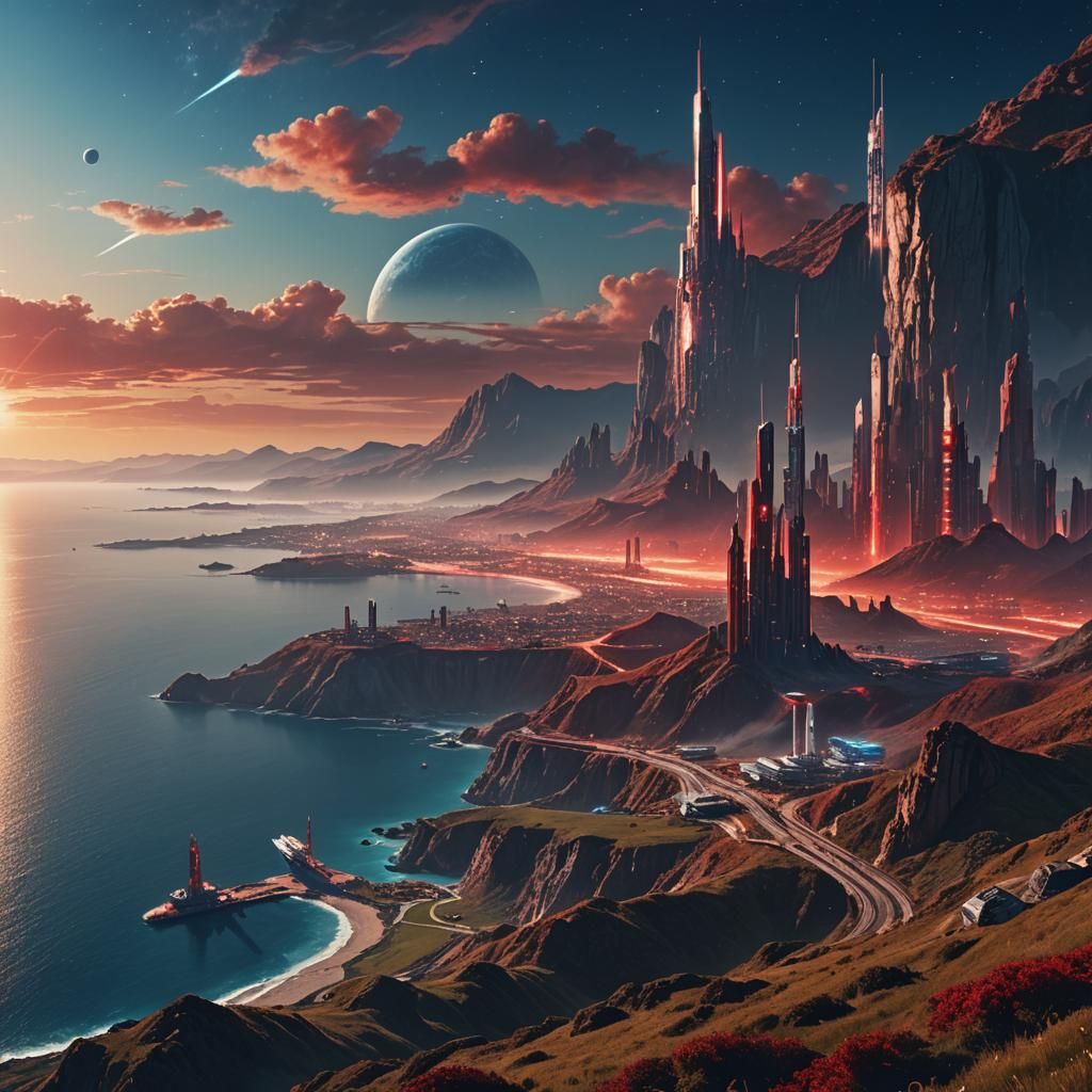 Epic Sci-Fi Metropolis with Red-Blue Nebula