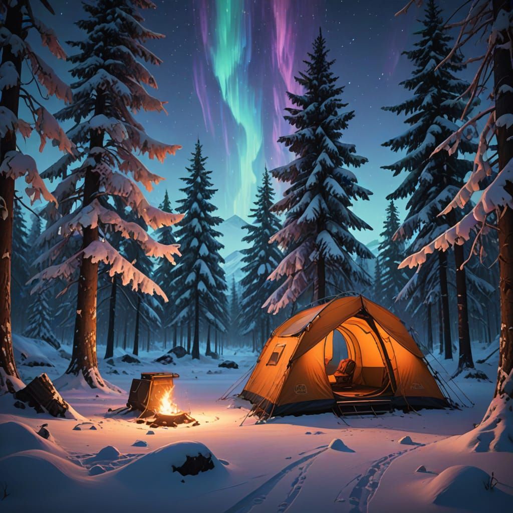 Alaskan Winter Wonderland Camp Scene in Matte Painting Style