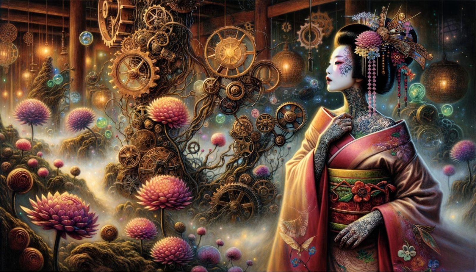 Geisha in a Clockwork Garden: Pop Surrealism in Oil