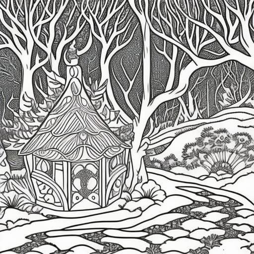 Fantasy Cottage Coloring Page With Deer and Mushrooms
