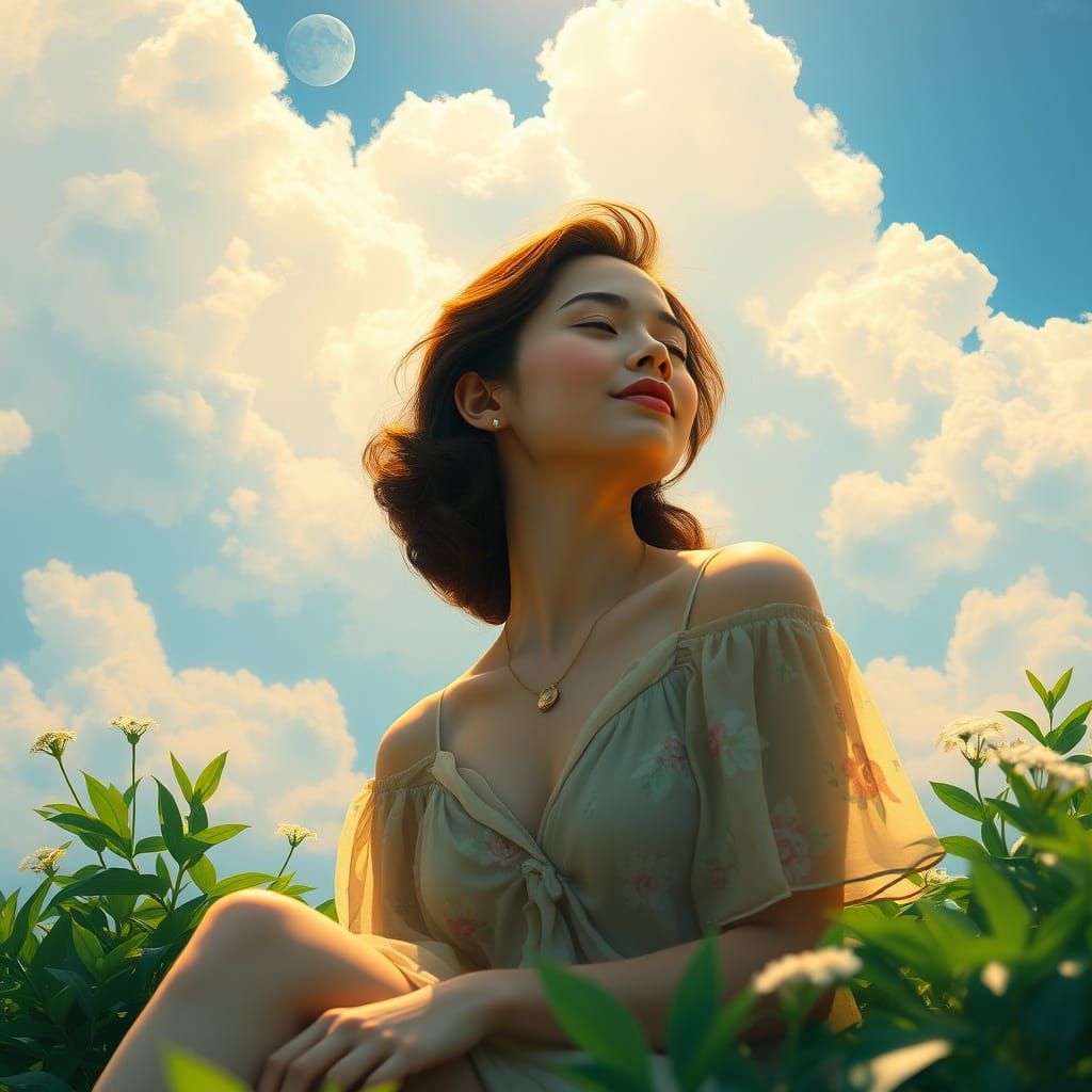 Serene Woman in Lush Greenery Amidst Azure Sky