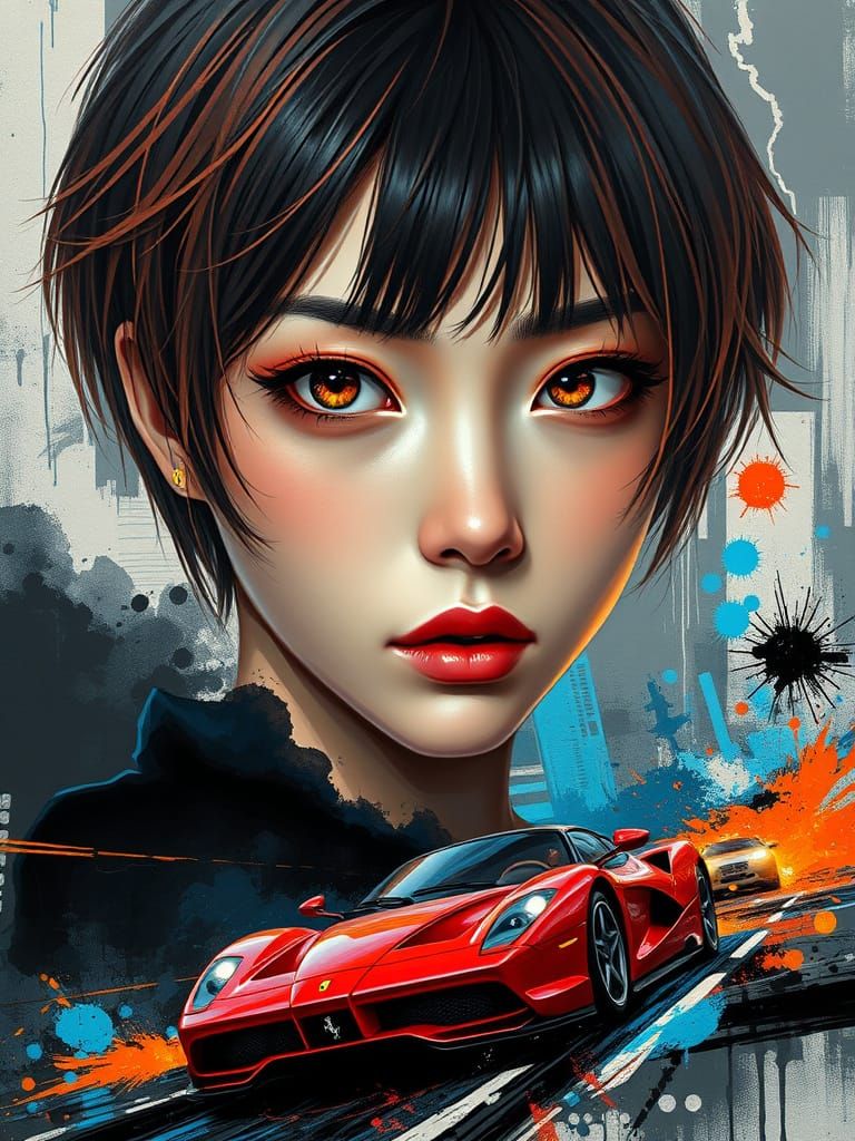Cyberpunk Girl Portrait with Ferrari in Digital Art Style