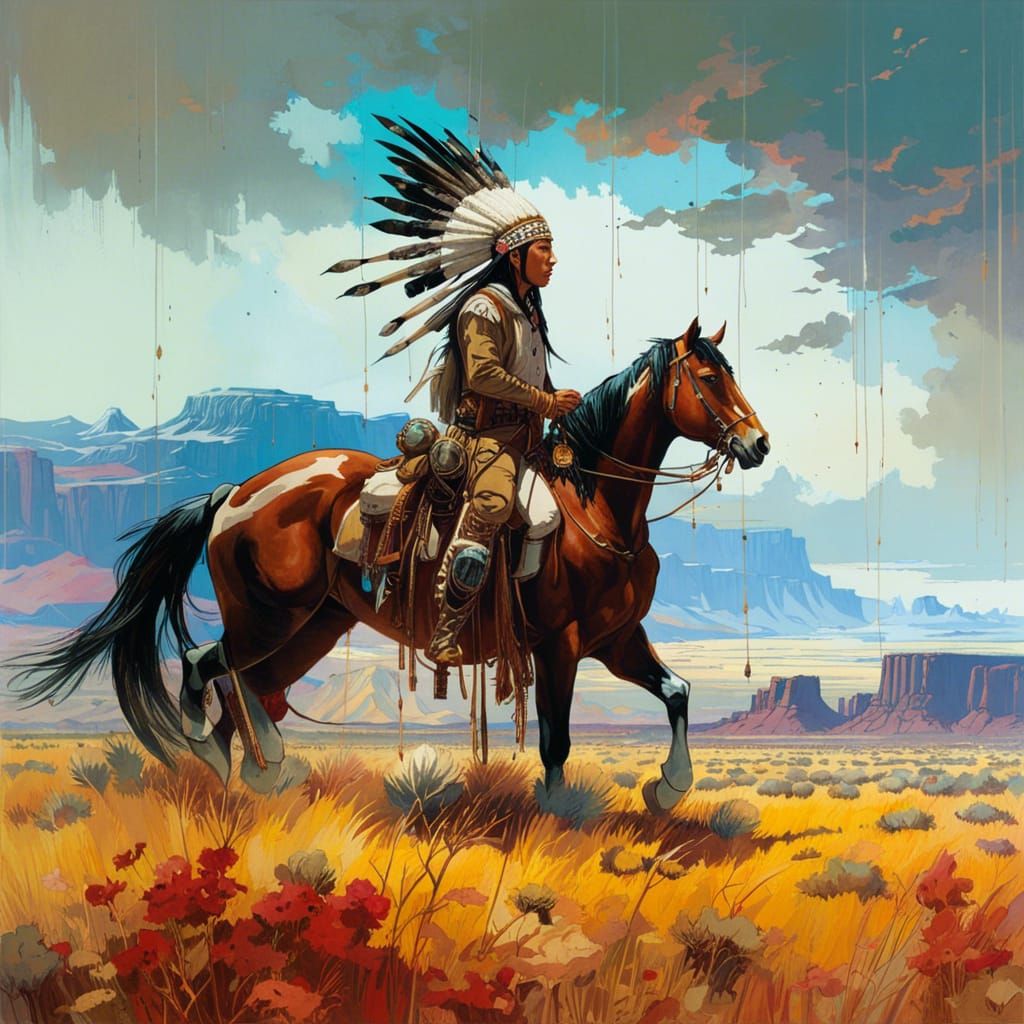 Native American Horseback Rider on Open Plains