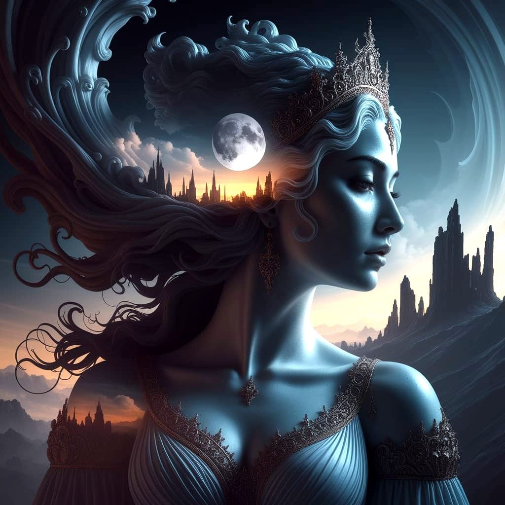 Goddess Merging With Dark Landscape in Double Exposure