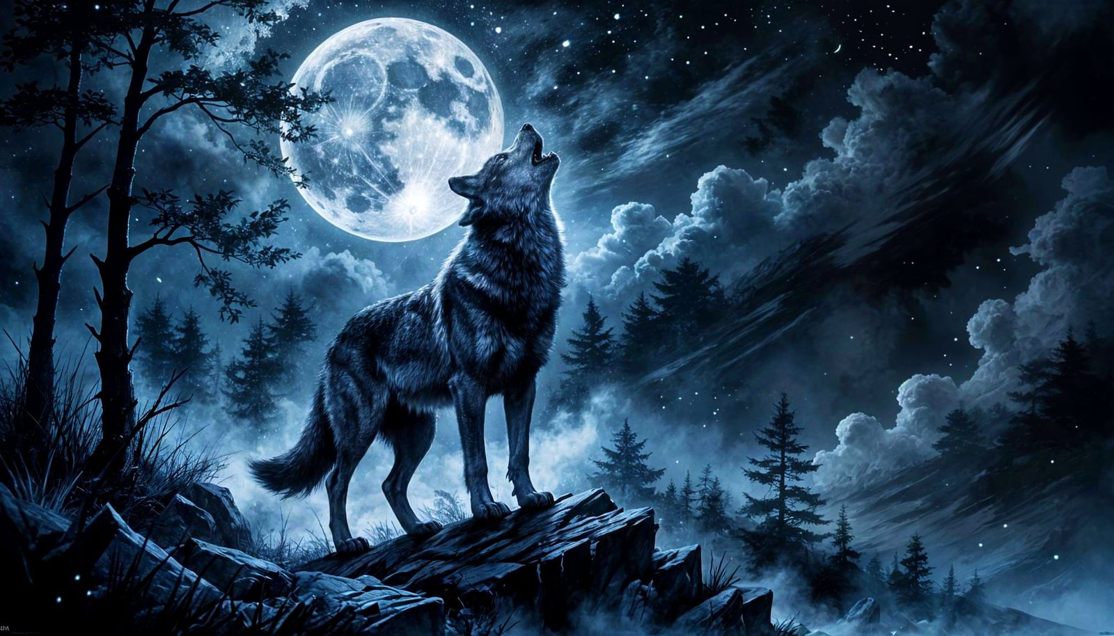 Moonlit Wolf in Elegant Sumi-e Style Painting