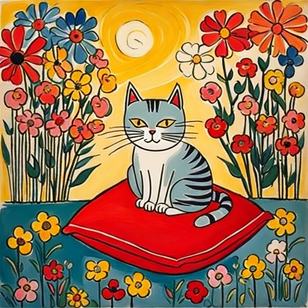 Charming Cat Surrounded by Flowers in Naive Art Style