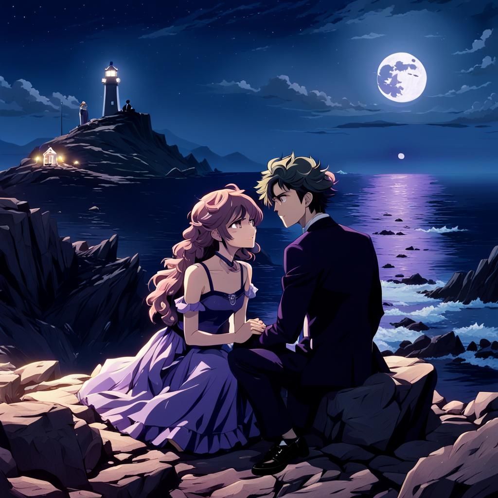 Romantic Anime Couple by the Ocean at Night