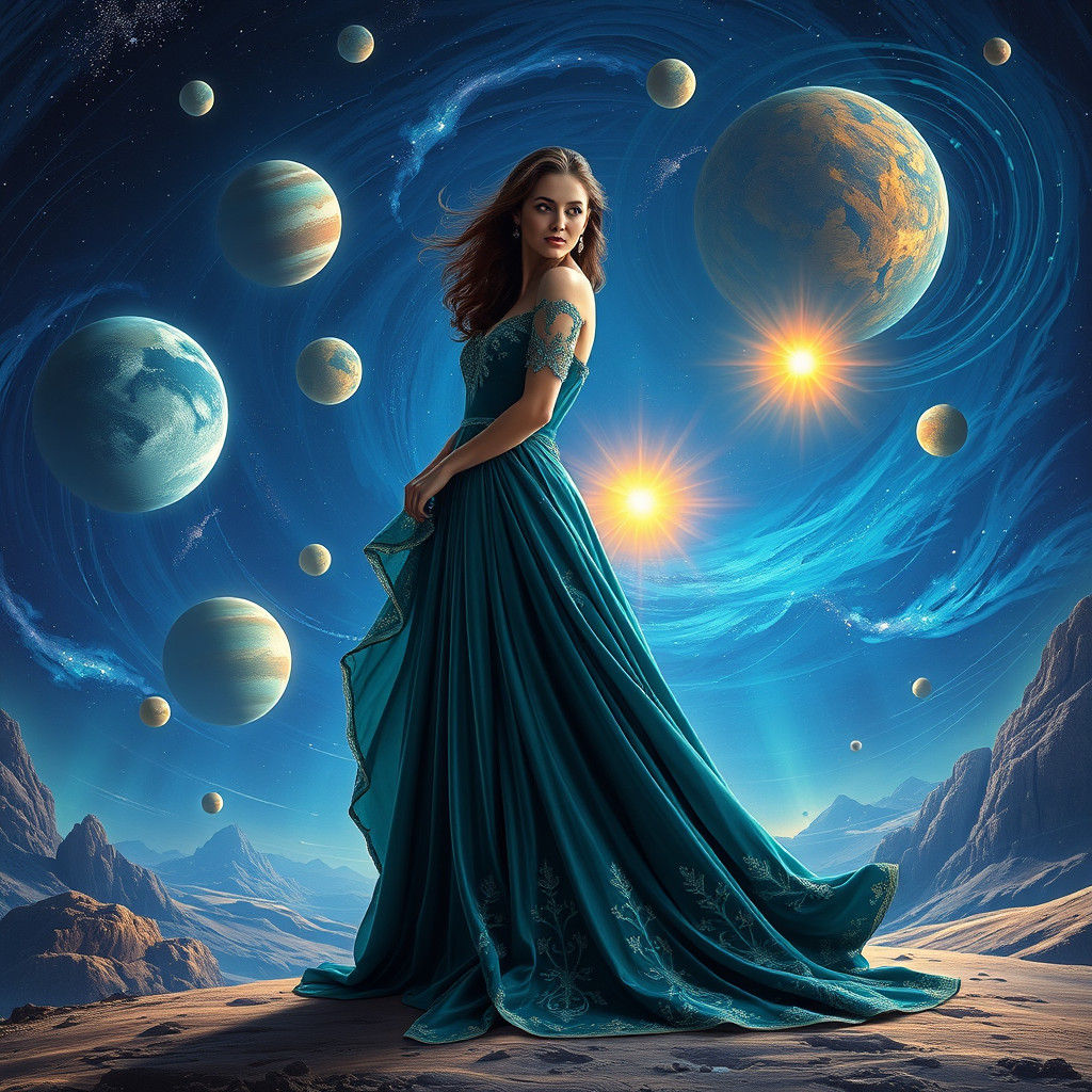 Cosmic Woman in Flowing Gown: Digital Art