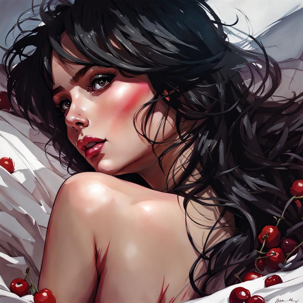 Innocent Girl Surrounded by Cream and Cherries