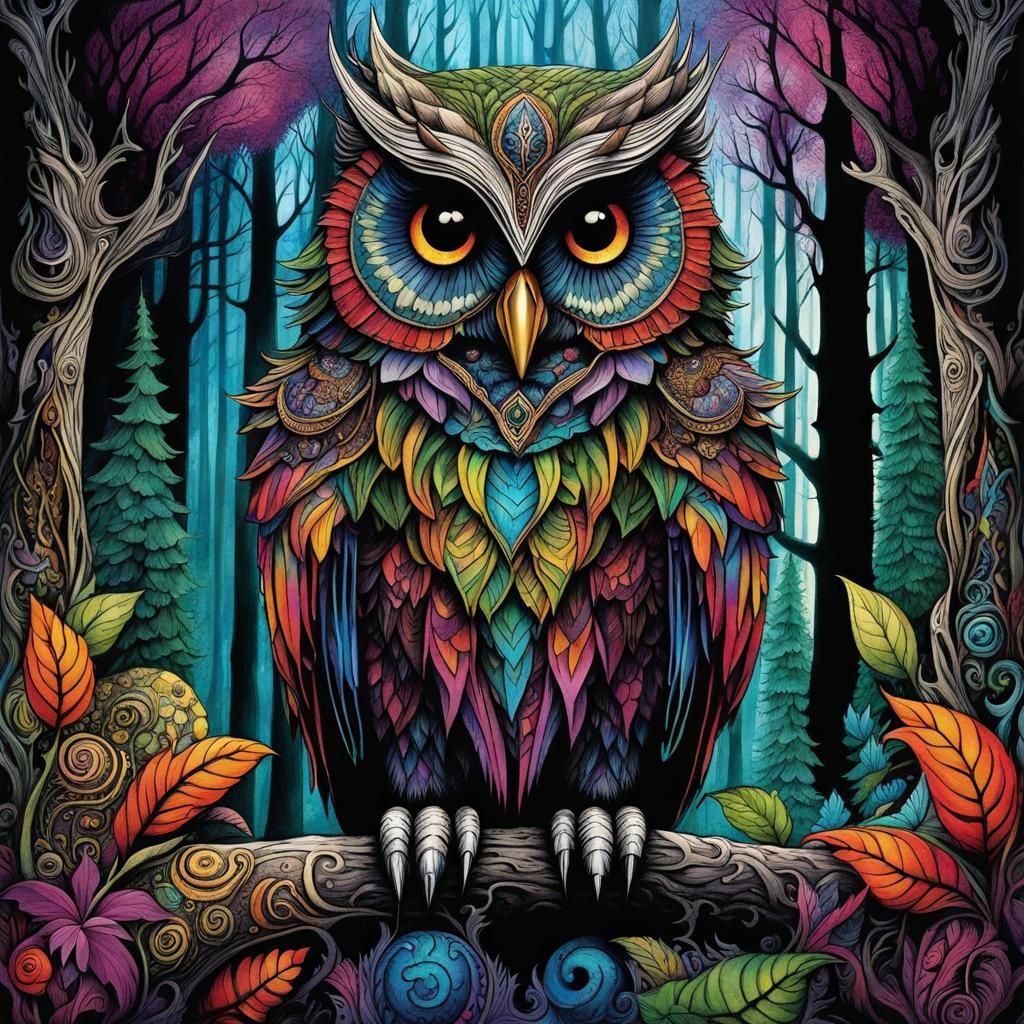 Gothic Owlbear in Forest, Soft Watercolor Style