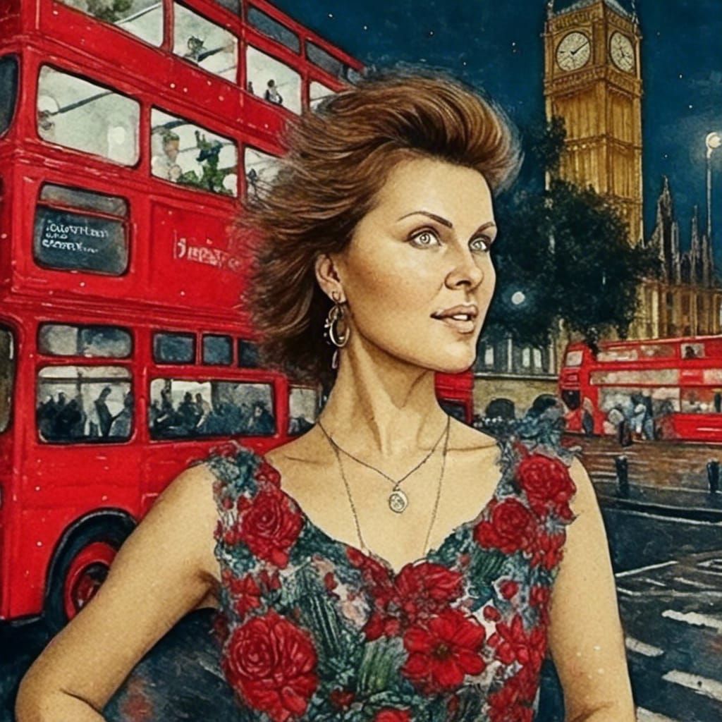 London Bus with Cactus Girl: Hyper-Realistic Digital Art
