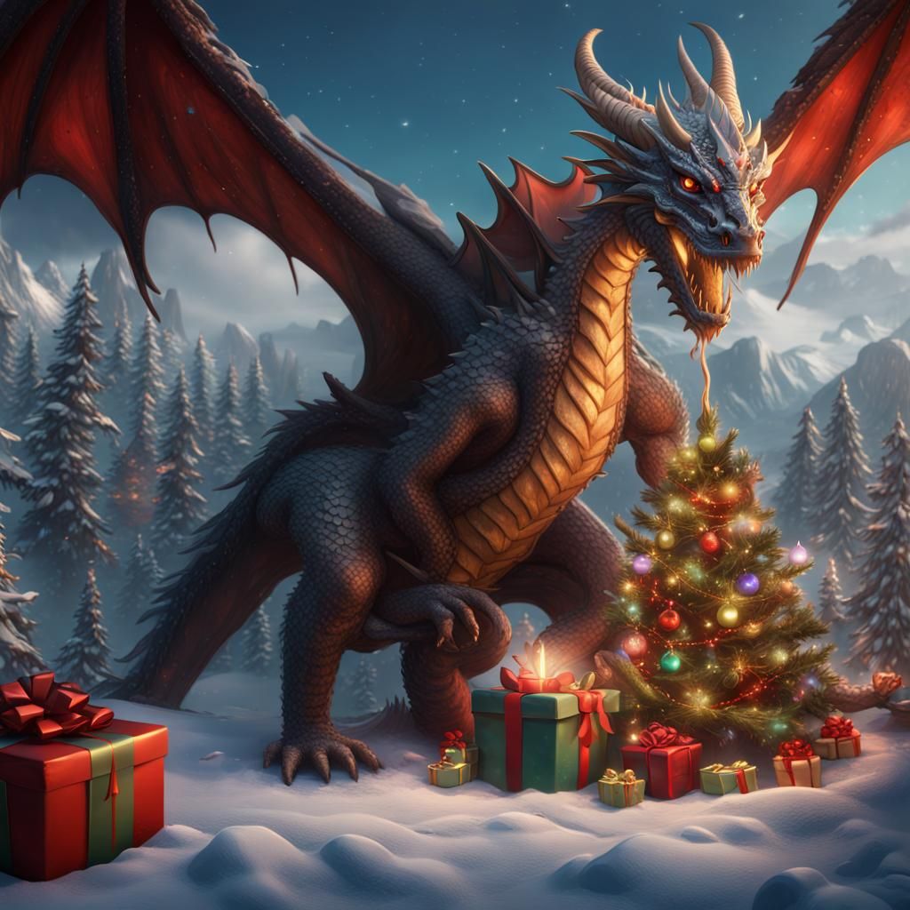 Dragon Christmas Present in Detailed Matte Painting Style