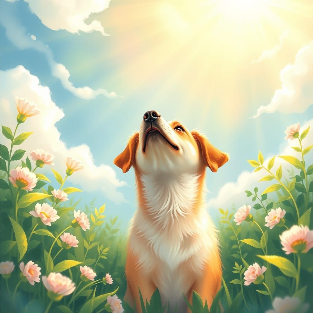 Dreamy Dog Surrounded by Whimsical Clouds
