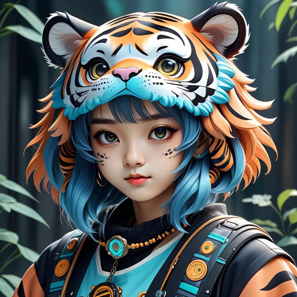 Biopunk Kawaii Tiger in Fantasy Style