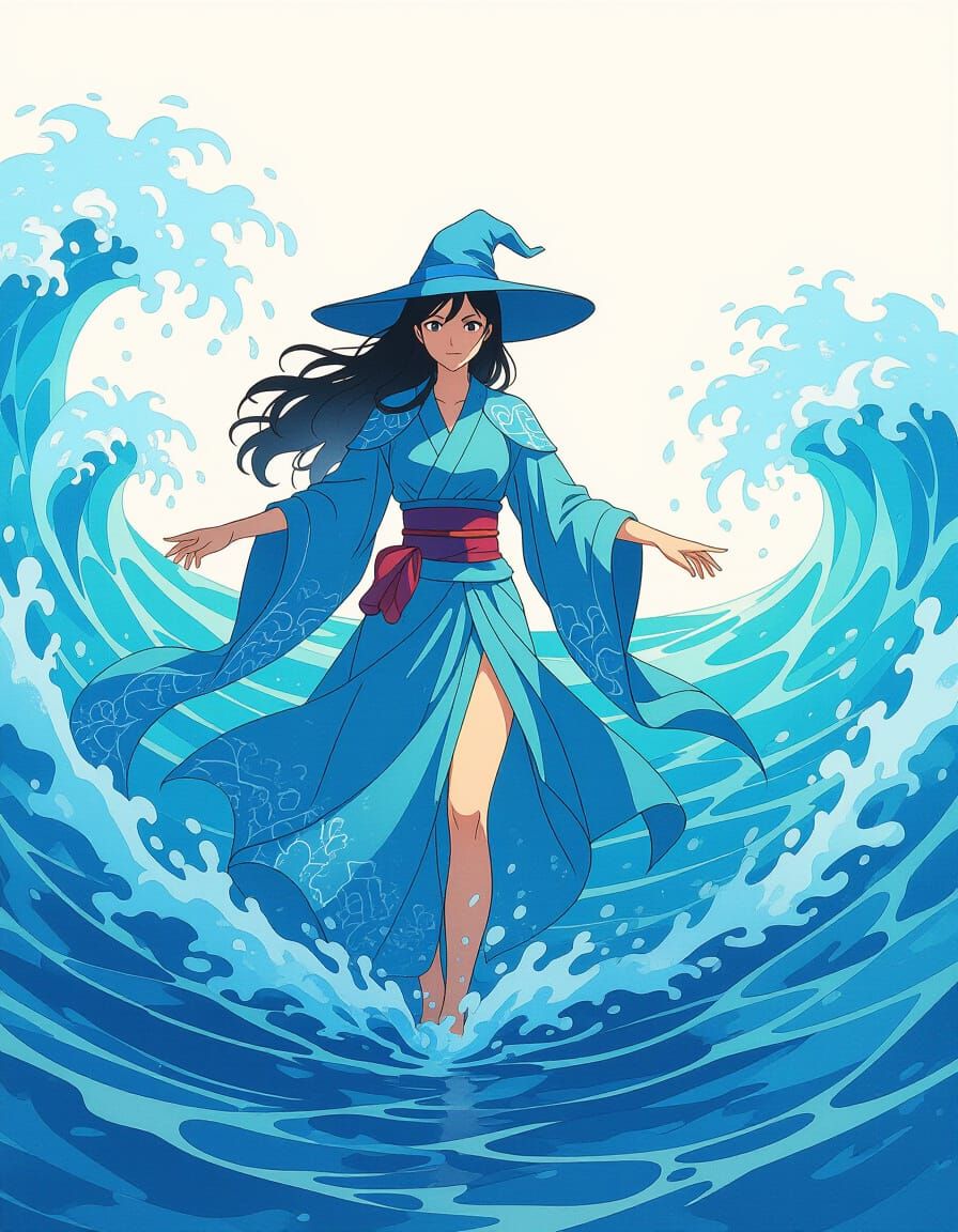 Water Witch Summons Ocean Tides in Anime Style