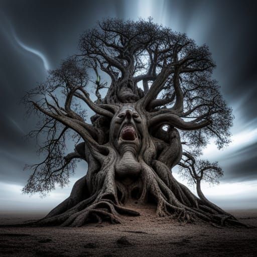 Scary Tree with Face in Dark Forest